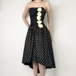 Vintage Y2K Gunne Sax Polka Dot Strapless Floral Dress High Low Rosette